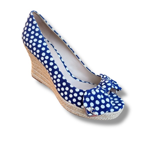 NWOT Tory Burch Open Toe Polka Dot Wedges Size 9 - Picture 1 of 6